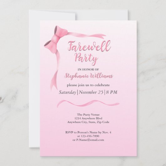 Dames Afscheid Elegant Pink Bow Party Kaart (Voorkant)
