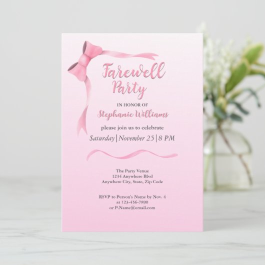 Dames Afscheid Elegant Pink Bow Party Kaart (Staand voorkant)