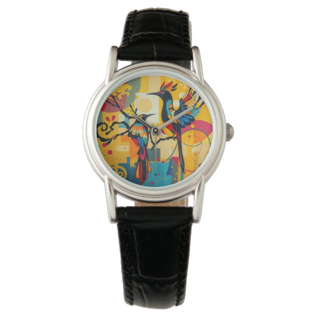 Dames Art Deco Vogel Abstract Horloge (Voorkant)