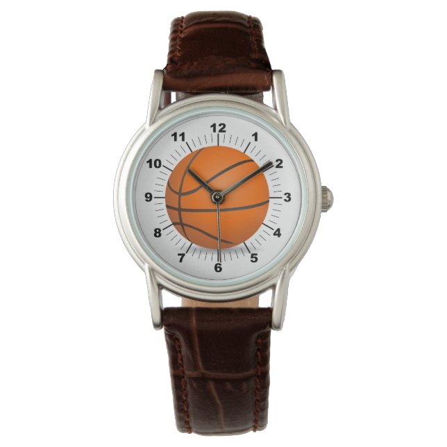 Dames Basketbal Classic Bruin Lederen Horloge (Voorkant)