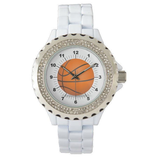 Dames Basketbal Rhinestone Wit Emaille Horloge (Voorkant)