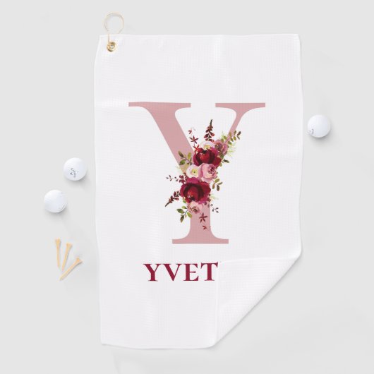 Dames Blush Roze Bloemen Initiaal Y en Naam Golfhanddoek (Insitu)