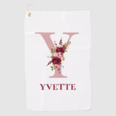 Dames Blush Roze Bloemen Initiaal Y en Naam Golfhanddoek (Voorkant)