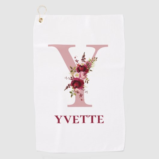 Dames Blush Roze Bloemen Initiaal Y en Naam Golfhanddoek (Voorkant)