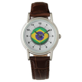Dames Brazilië Vlag Classic Bruin Lederen Horloge