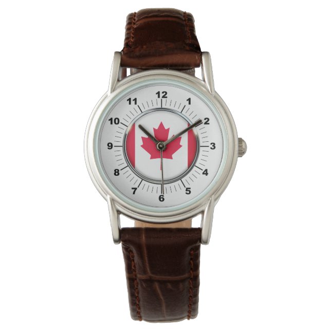 Dames Canada Vlag Classic Bruin Lederen Horloge (Voorkant)