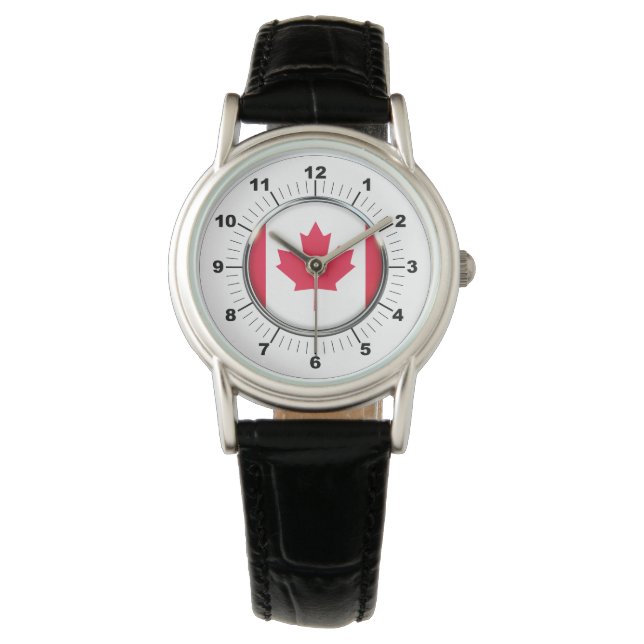 Dames Canada Vlag Classic Zwart Lederen Horloge (Voorkant)