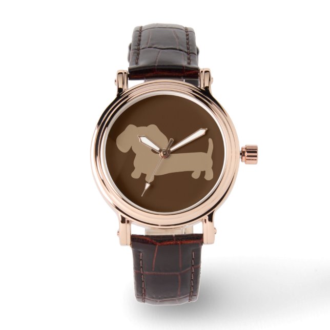 Dames Chocolade Bruin Dachshund Lederen Horloge (Voorkant)