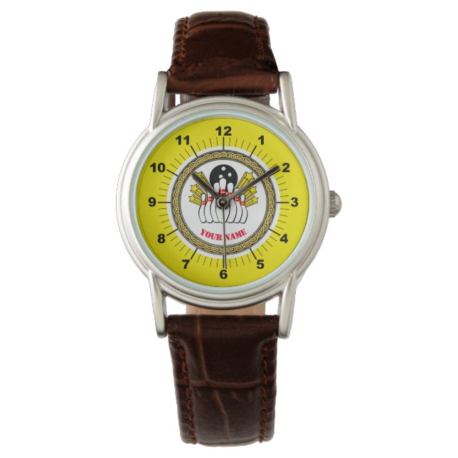 Dames Custom Bowling (naam toevoegen) Leren Horlog Horloge (Voorkant)