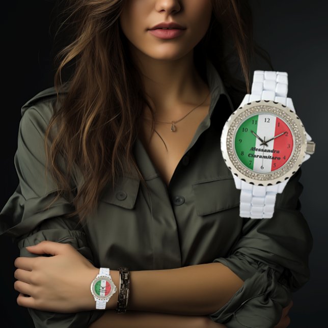 Dames Dames Witte Rhinestone Italiaanse vlag Itali Horloge (Women and Girls Italian Flag of Italy
Personalized Rhinestone Watch)