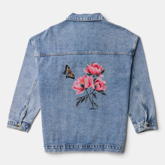 Dames Denim, Jean Jacket - Roze pioen, vlinder (Achterkant)