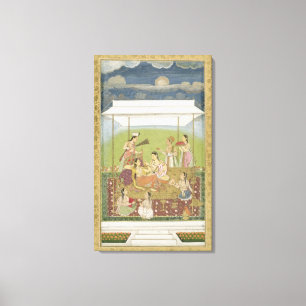 Dames die naar muziek luisteren in een tuin, van d canvas afdruk