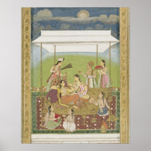 Dames die naar muziek luisteren in een tuin, van d poster