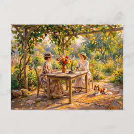 Dames die wijn delen onder tuinpérgola briefkaart