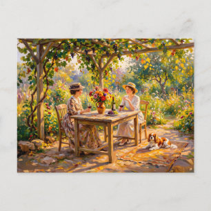 Dames die wijn delen onder tuinpérgola briefkaart