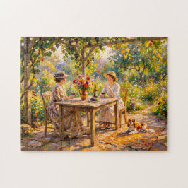 Dames die wijn delen onder tuinpérgola legpuzzel