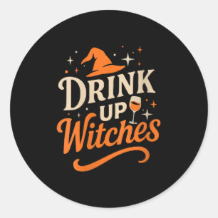 Dames Drink Op Heksen Wijn Gl Halloween Vrijgezell Ronde Sticker