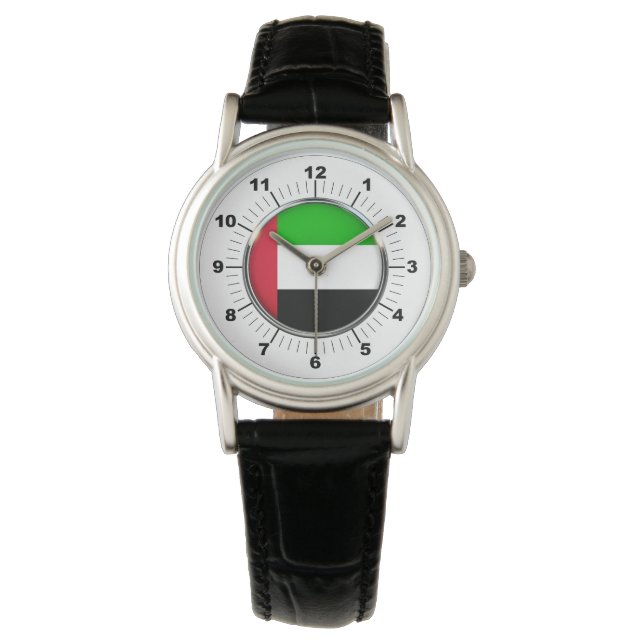 Dames Emirates vlag Zwart lederen band horloge (Voorkant)