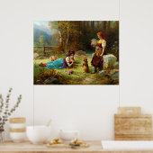 dames en een bruine hond in het bos poster (Keuken)