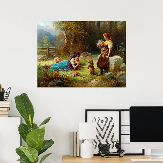 dames en een bruine hond in het bos poster (Thuiskantoor)