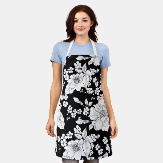 Dames en heren, Floral Patroon in zwart-wit Schort (Gedragen)