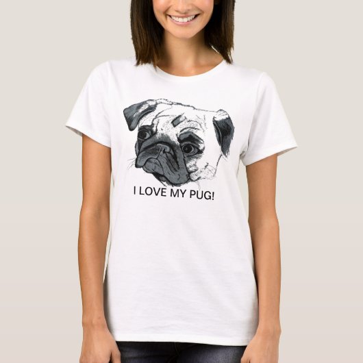 Dames en heren: "Ik hou van mijn pug" t-shirt (Voorkant)