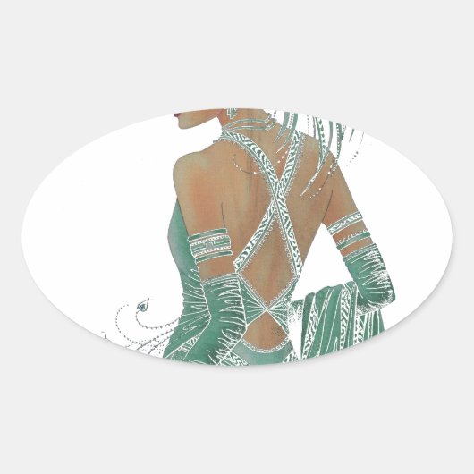  dames gaan groene kunst afdrukken ovale sticker (Voorkant)