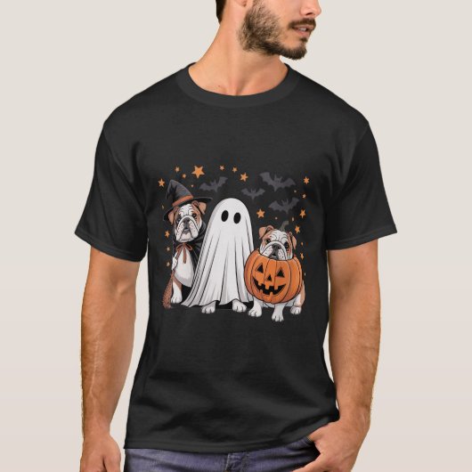 Dames Ghost Witch Pompoen Engelse Bulldog Hond T-shirt (Voorkant)
