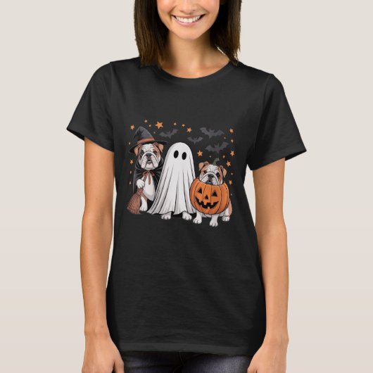 Dames Ghost Witch Pompoen Engelse Bulldog Hond T-shirt (Voorkant)