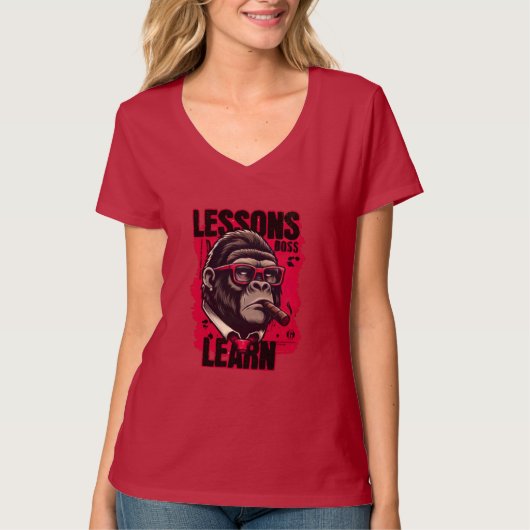 Dames Gorilla Baas Lessen Leren V Halse T Shirt (Voorkant)