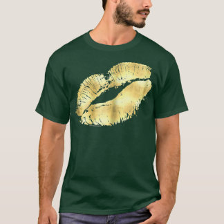 Dames Gouden Gedrukte Lippenstift Kus Make-up 80s T-shirt