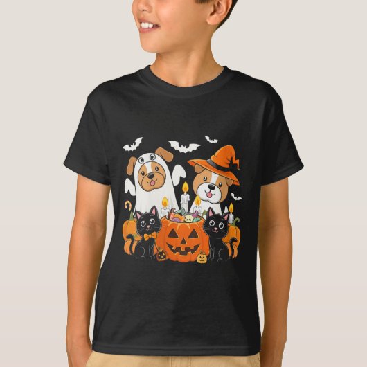 Dames grappige Halloween hond verkleed als spook T-shirt (Voorkant)