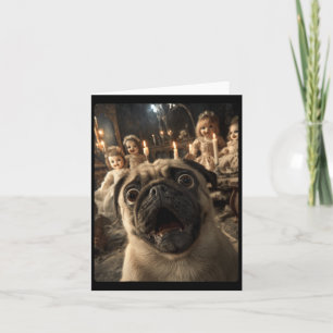 Dames grappige pug selfie met griezelige poppen sp kaart