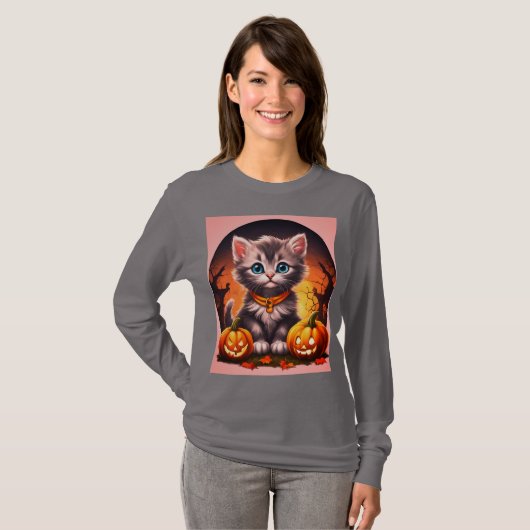 Dames Halloween Grijs Kitten T-shirt (Voorkant volledig)
