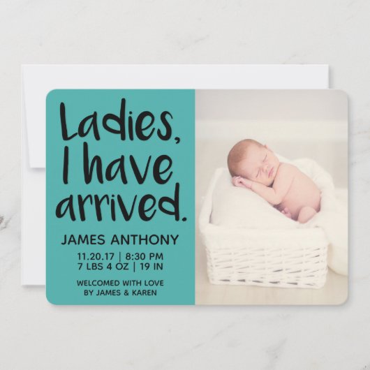 Dames, ik ben aangekomen bij de geboorte aankondiging (Voorkant)