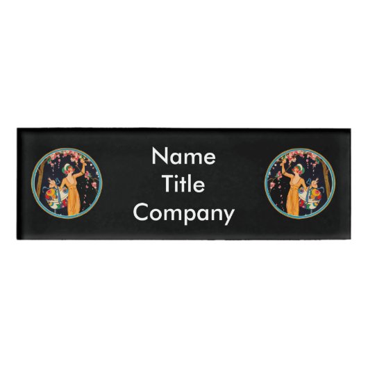 Dames in Blauw Gouden Cirkels Roze Kersenbloesems Naambadge (Voorkant)