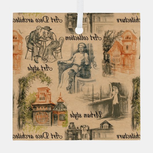  dames in de stad potlood tekening glas ornament (Achterkant)