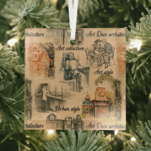  dames in de stad potlood tekening glas ornament