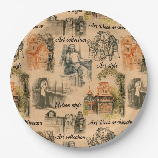 dames in de stad potlood tekening papieren bordje (Voorkant)