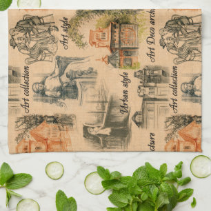 dames in de stad potlood tekening theedoek