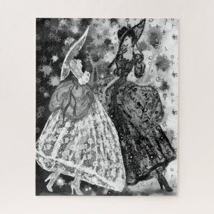 Dames in het gezicht des jurken Puzzle Black, wit  Legpuzzel