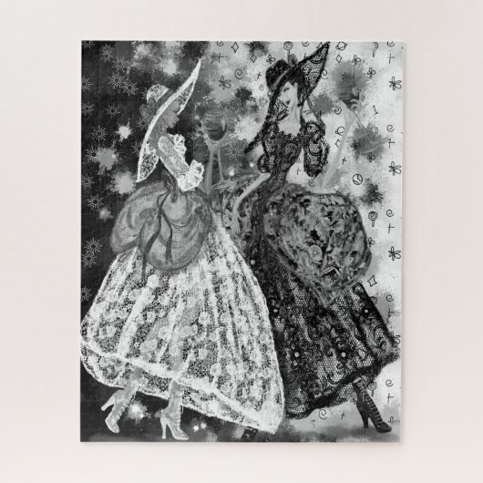 Dames in het gezicht des jurken Puzzle Black, wit  Legpuzzel (Verticaal)