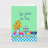 Dames in het Luncheon Party Invitation Blue Gingha Kaart (Voorkant)