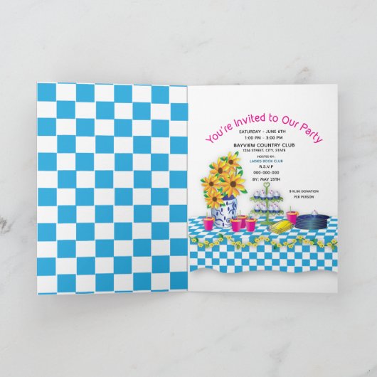 Dames in het Luncheon Party Invitation Blue Gingha Kaart (Binnen)