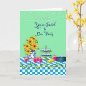 Dames in het Luncheon Party Invitation Blue Gingha Kaart (Gele Bloem)