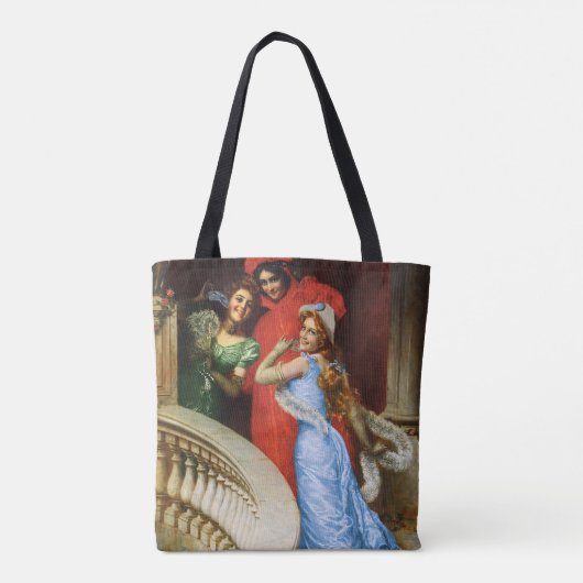  dames in het rood blauw groen bij Masquerade Tote Bag (Achterkant)