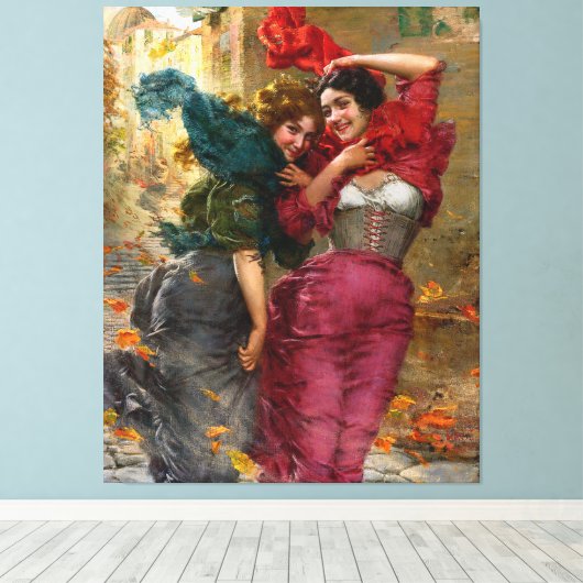 dames in het rood blauw groen canvas afdruk (Insitu (Houten vloer))