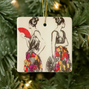 Dames in vintage mode met lentejurken keramisch ornament