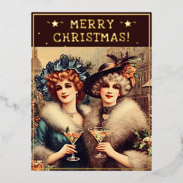  dames kerst thema groeten retro foto folie feestdagen briefkaart