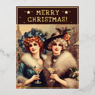  dames kerst thema groeten retro foto folie feestdagen briefkaart